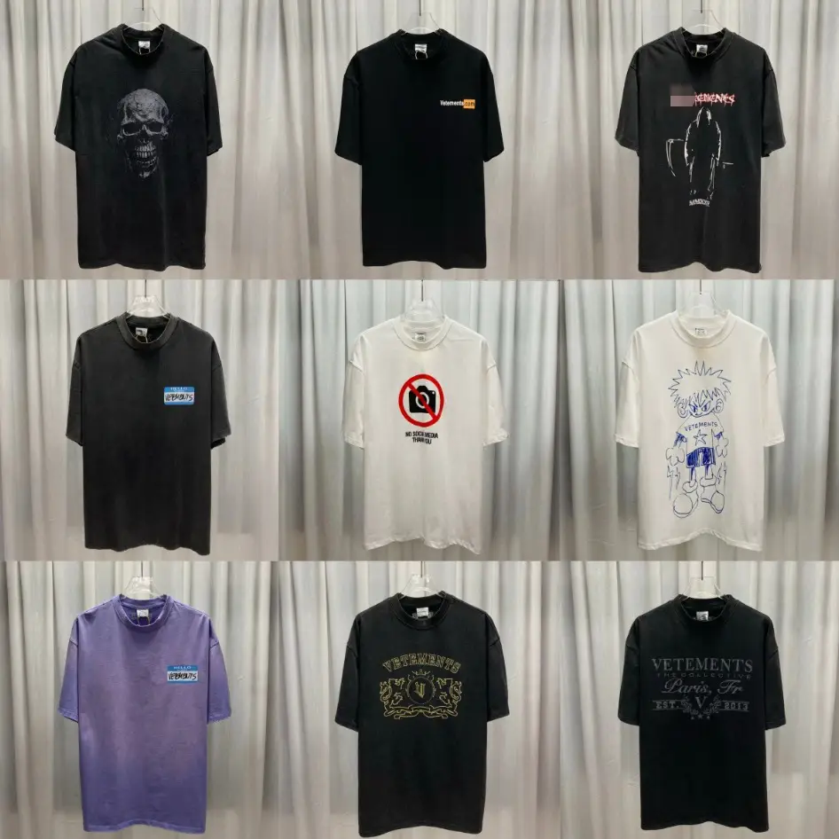 Cross-Border Wholesale Collection Vtm European and American Trendy Brand Retro Washed Letter Embroider Os Loose Short-Sleeved T-Shirt for Men and Women Couples