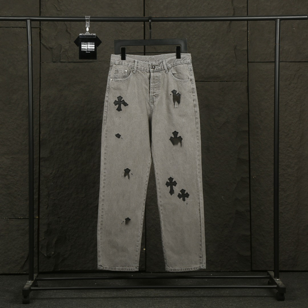 2025 Autumn and Winter Ch Black Leather Embroidered American High Street Bootcut Pants Loose Casual Style Men and Women Couple Style