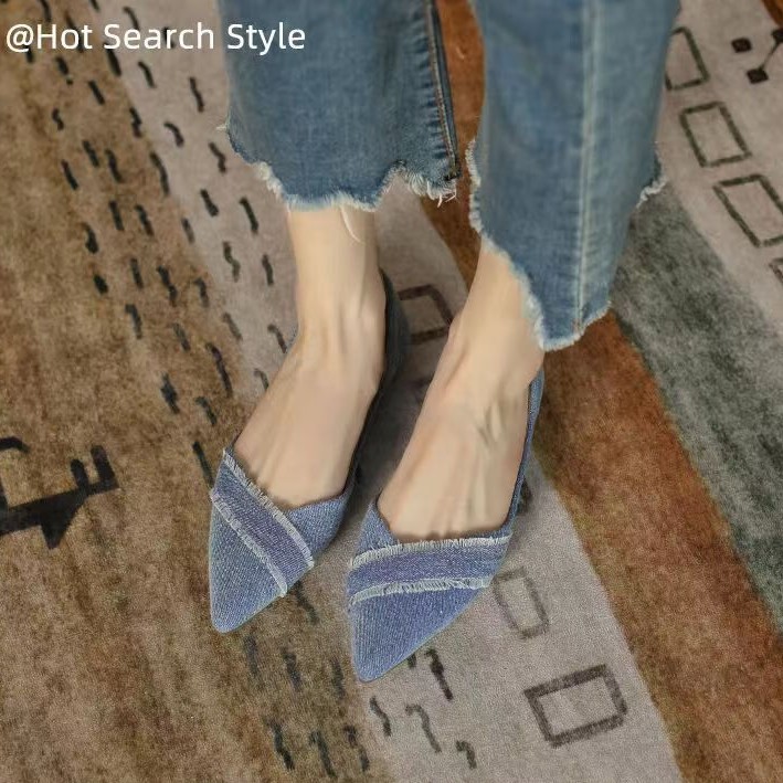 French-Style Pointed Flat Shoes for Women, Fashionable Denim Retro Summer Shallow Shoes, Elegant Flat Loafers