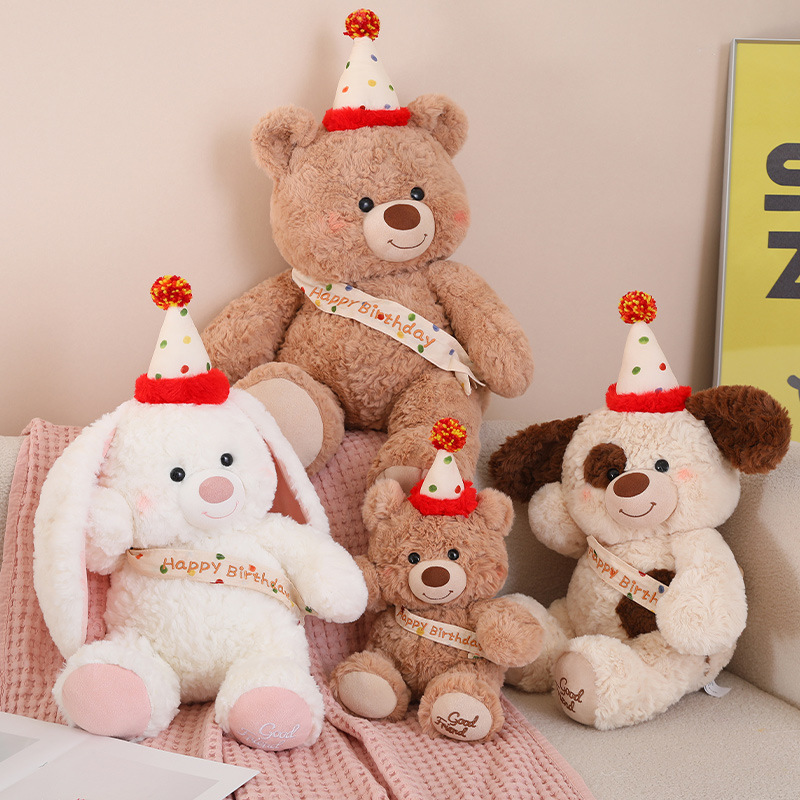 Happy Squad Birthday Hat Plush Toy Bear, Rabbit, Puppy Doll for Girls Gift Children's Doll Wholesale