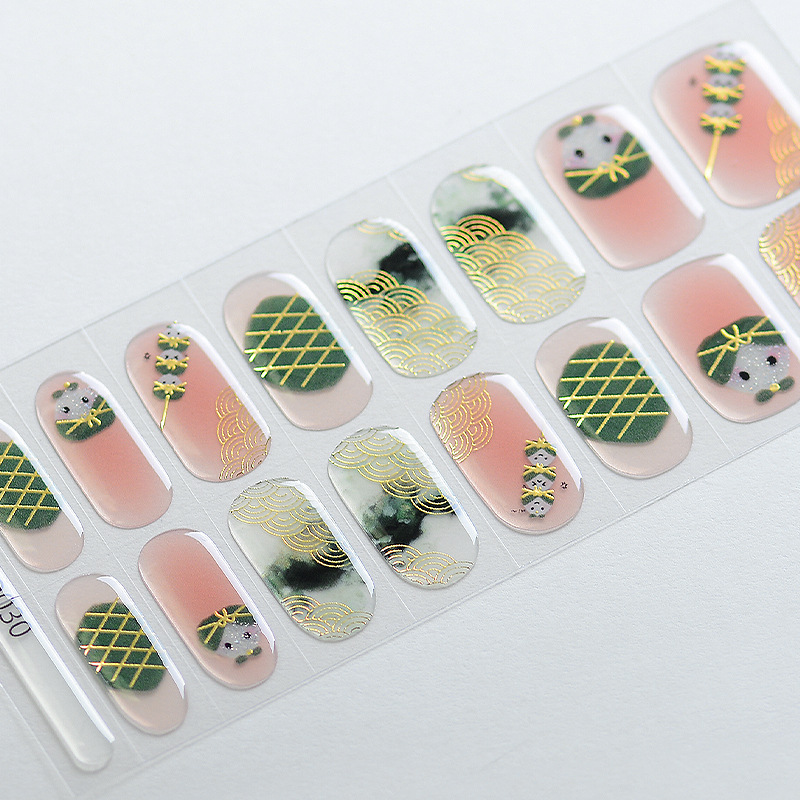 Factory Ready-Made Dragon Boat Festival Phototherapy Nail Rice Dumpling Waterproof Long-Lasting Semi-Cured Gel Manicure Stickers 16-Finger Uv Nail Stickers