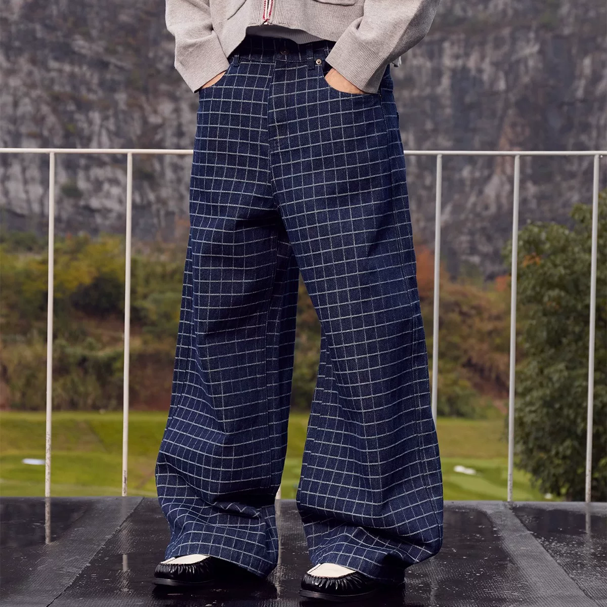 InsGale 25AW plaid jacquard retro embroidered straight leg stiff silhouette jeans