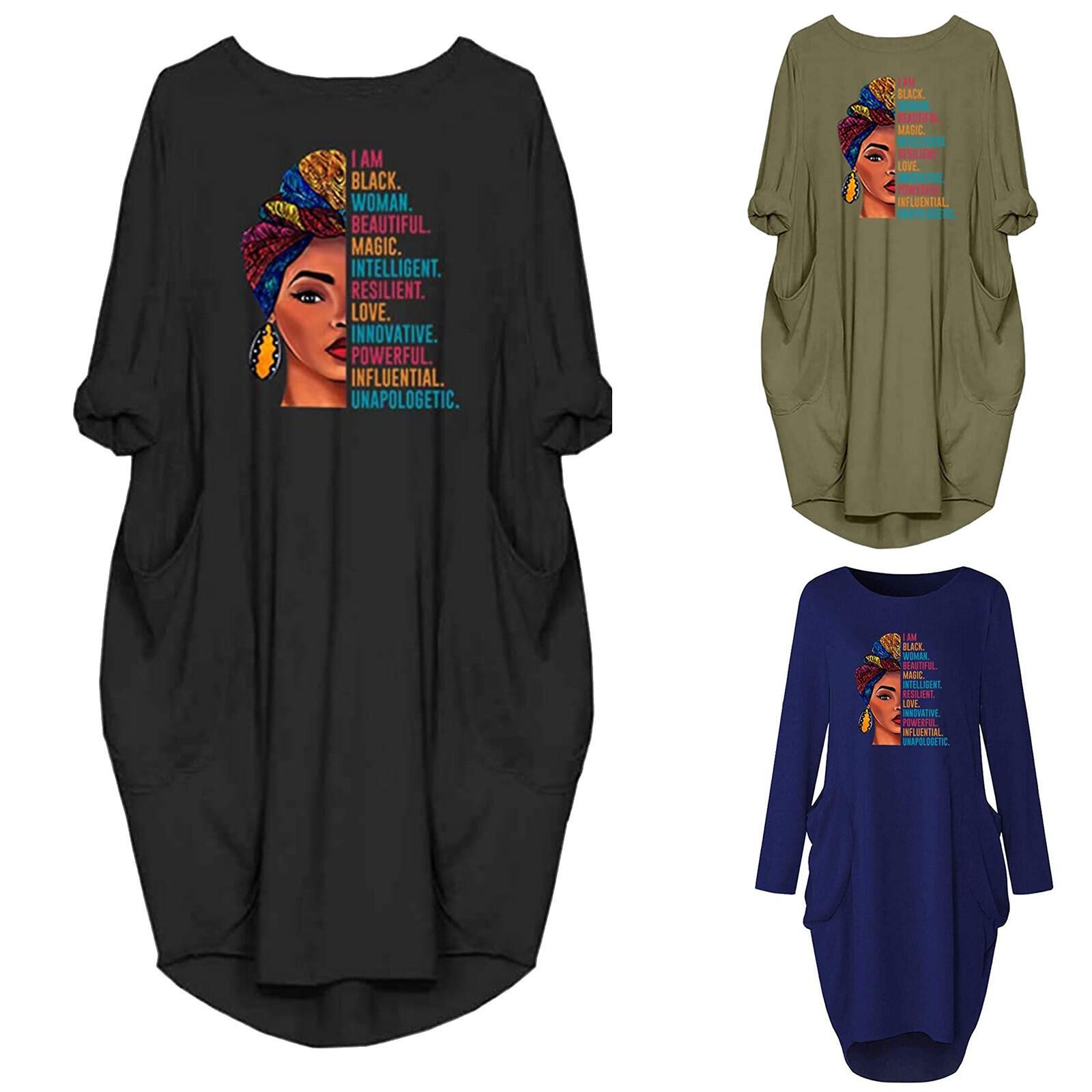 2026 Cross-Border Hot-Selling Amazon Pullover Crew Neck Printed Patch Pocket Loose Plus-Size Women's Knitted Dress