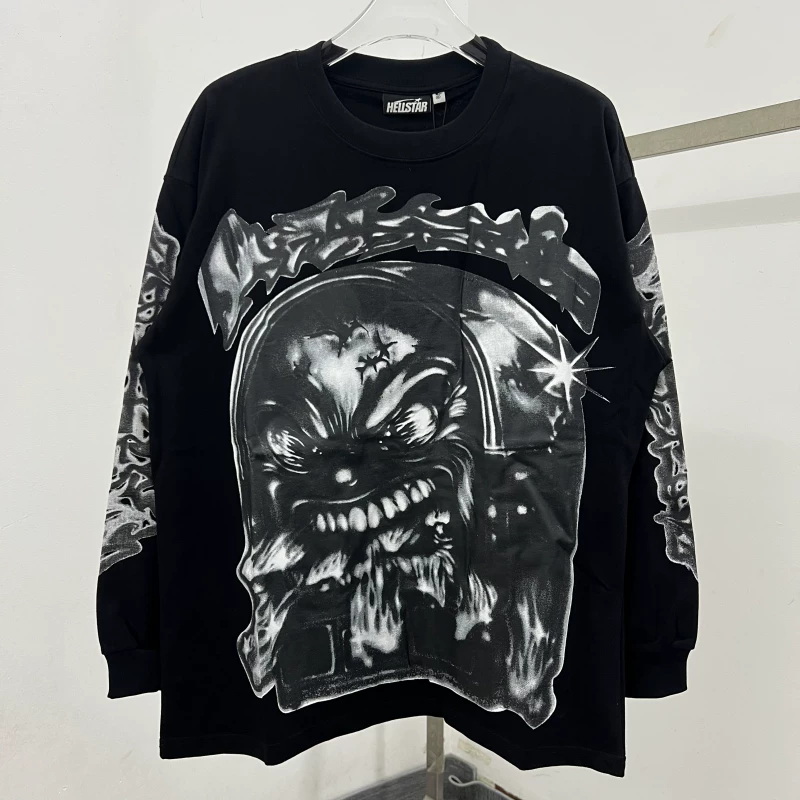 High-Quality ins Hell Star Pure Cotton Long-Sleeve T-Shirt with Full-Print Graffiti Lettering for Men and Women Hip-Hop Base Shirt
