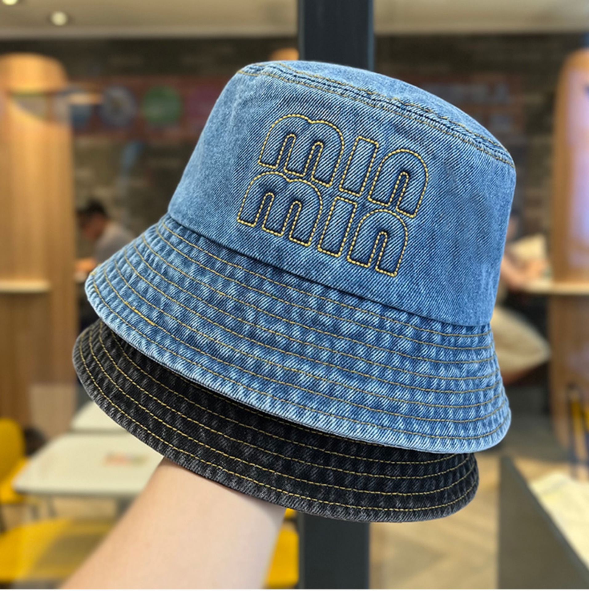 New Denim Fisherman Hat Women's All-match Embroidered Miu Style Letter Big Head Face Showing Small Basin Hat Sunscreen Bucket Hat
