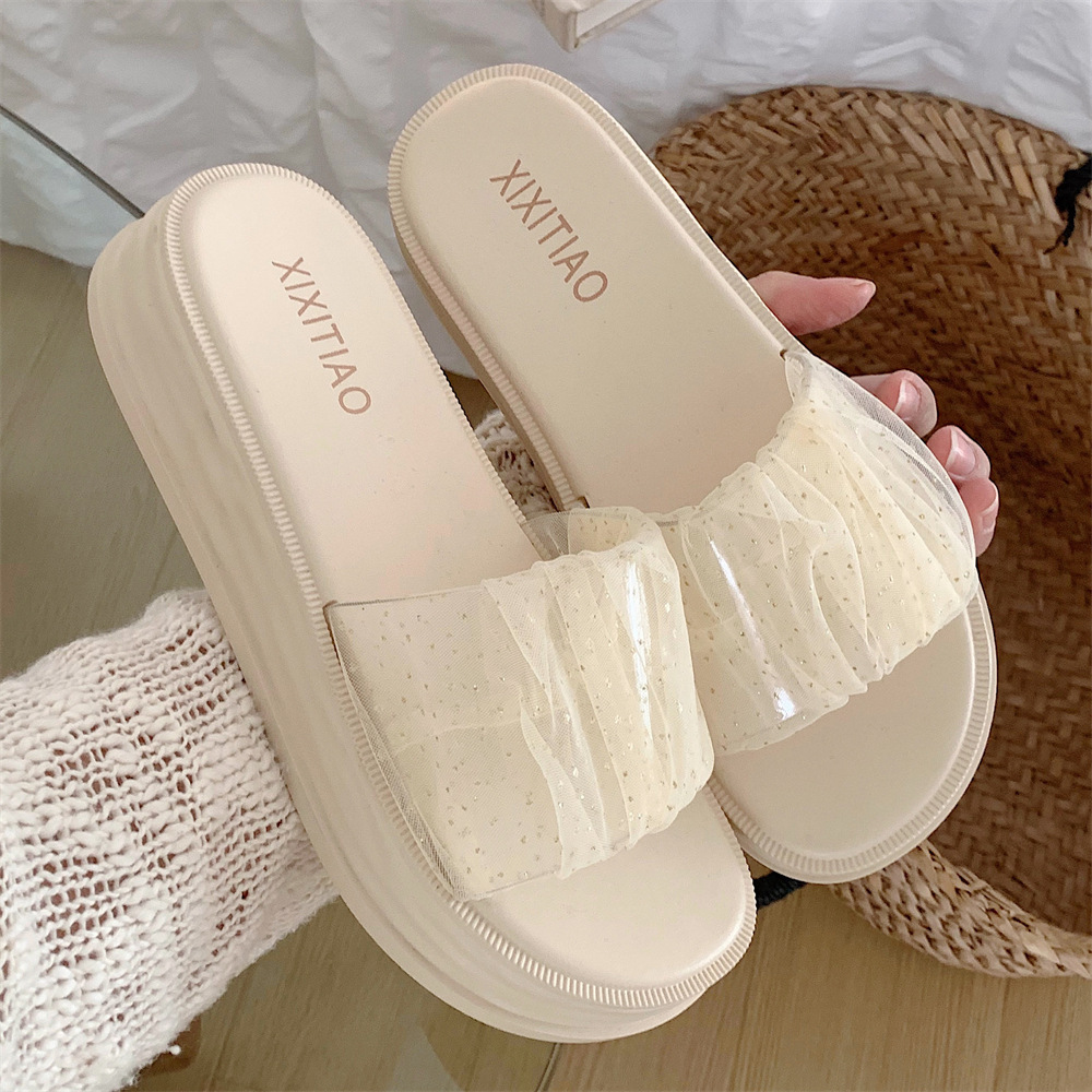 Girl's Heart Creative Mesh Thick Bottom Sandals Slippers Women's Summer New Outdoor Comfortable One-Word Holiday Style Beach Slippers