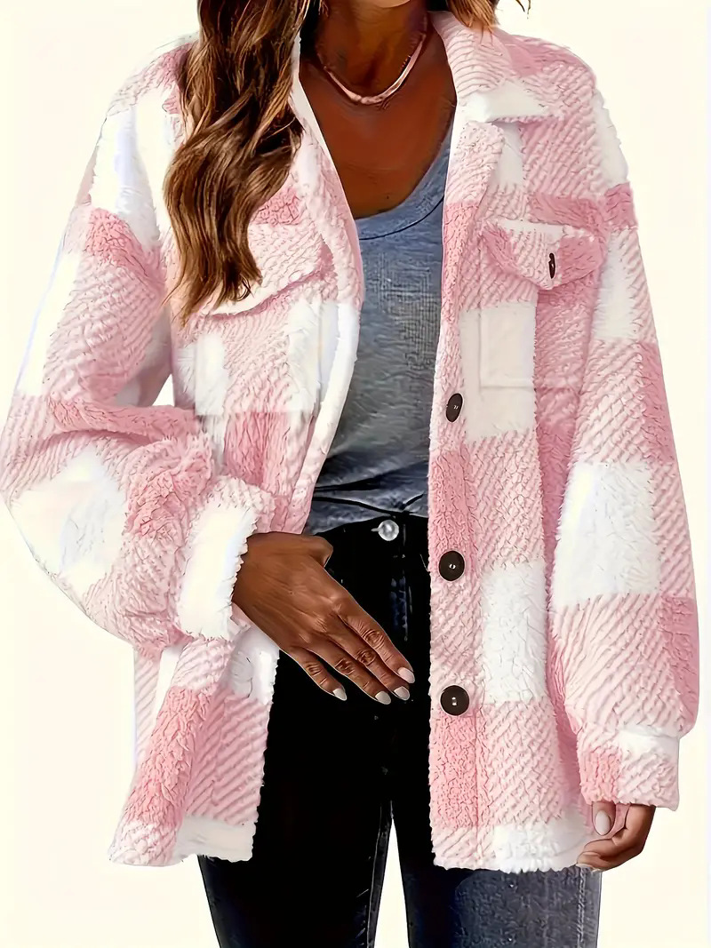 New Foreign Trade Women's Clothing, Hot-Selling Autumn and Winter Plaid Lamb Wool Jacket with Pockets and Buttons
