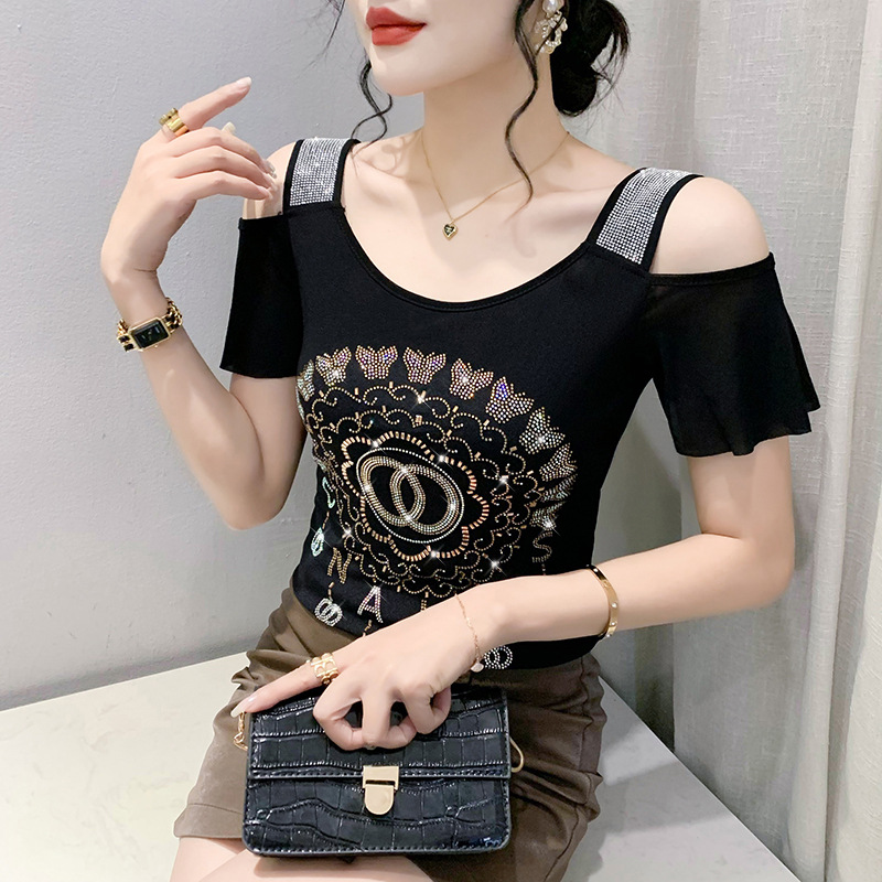 2023 Summer new sexy off-shoulder T-shirt women's short-sleeved fashion rhinestone mesh top slim slimming small shirt fashion