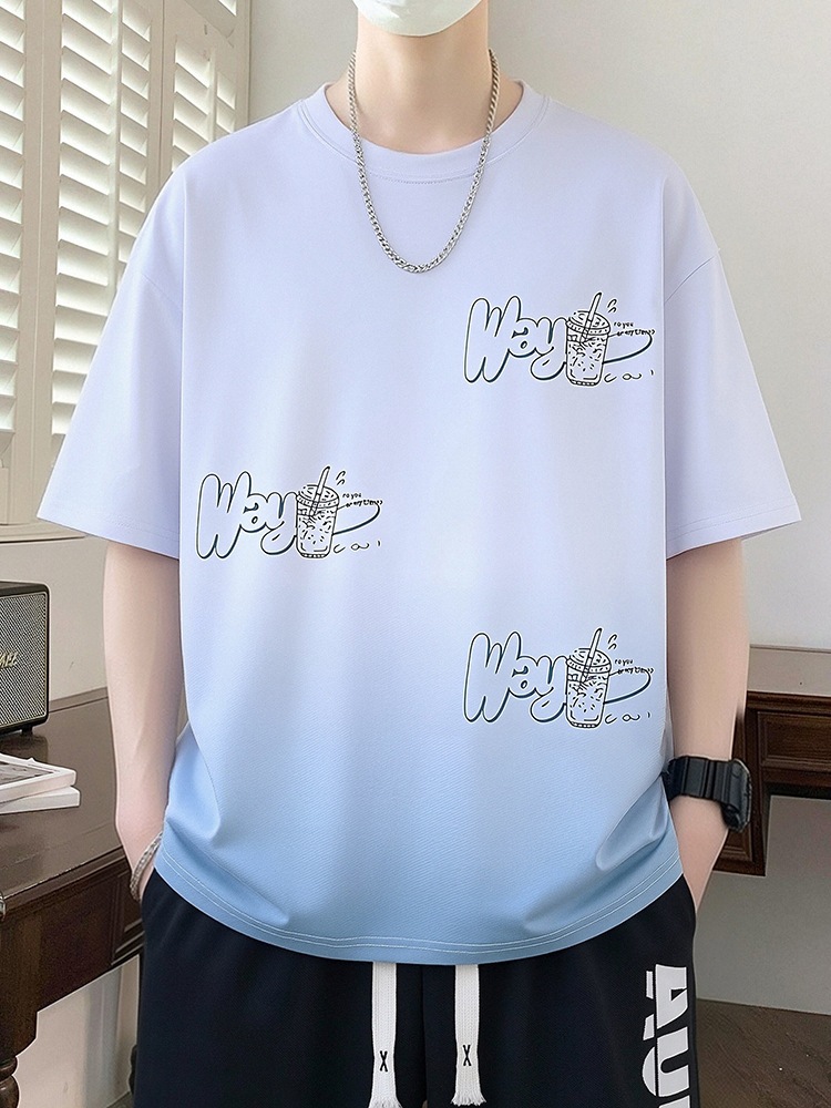 Gradient Printed Short-Sleeved T-Shirt for Men, Summer Drop-Shoulder Sleeves, Half-Sleeve, Pink Top for Boys, Youth T-Shirt