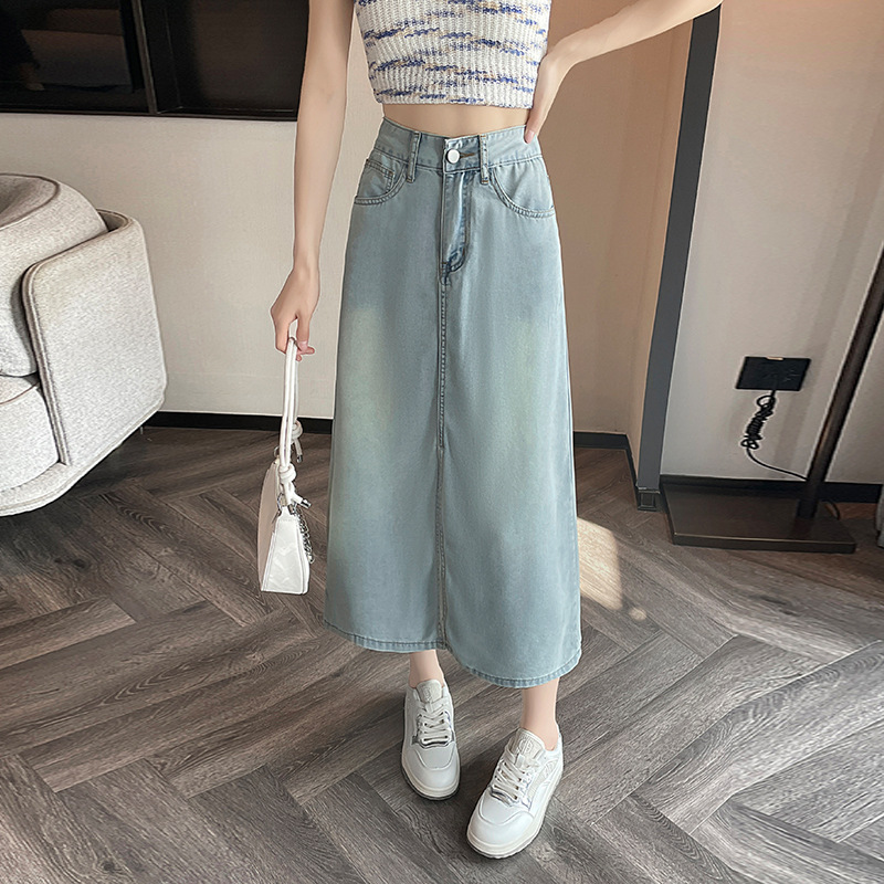 High Waist Split Tencel Denim Skirt Women's Spring and Summer New Design Sense Thin A- line Mid-length Skirt