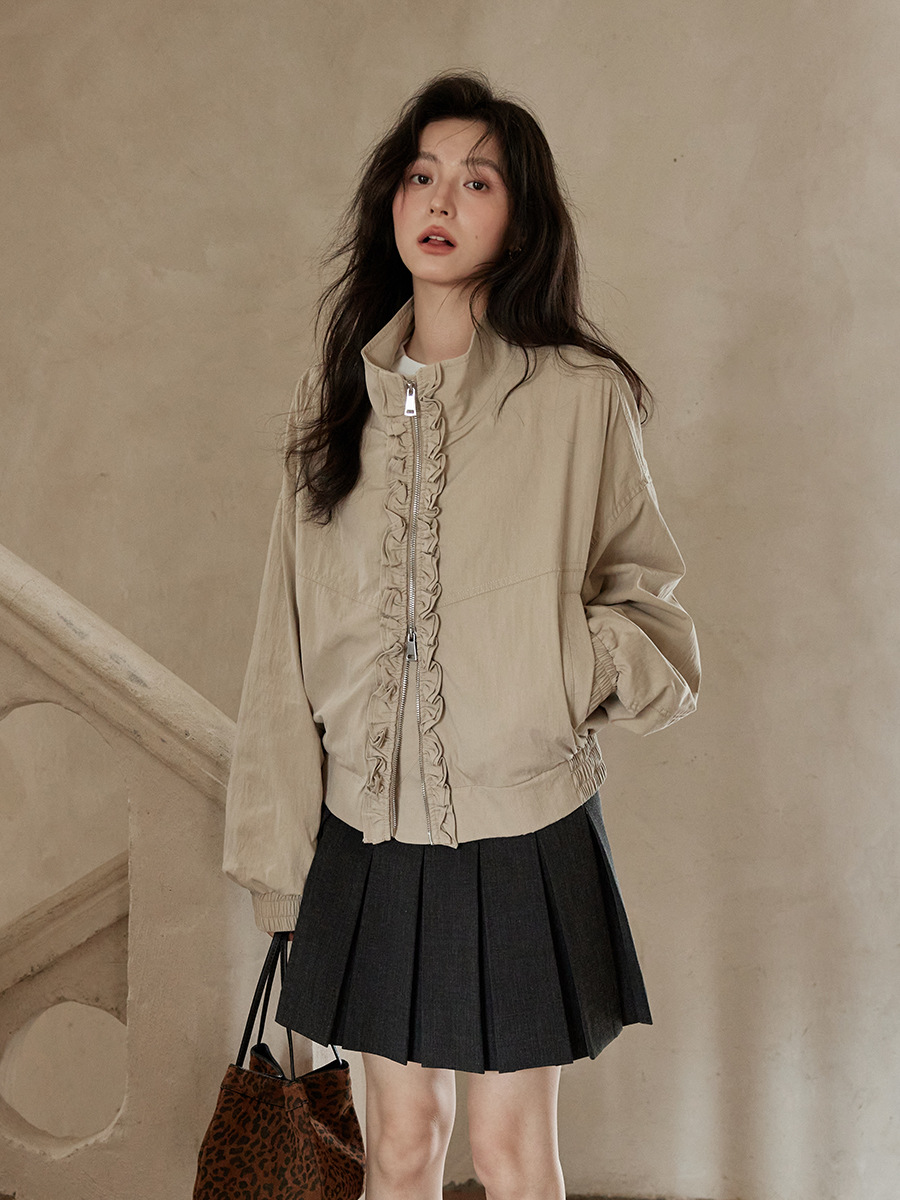 Ximeng 2024 New Autumn and Winter Korean Lazy Fashion Stylish High Elegant Small Zipper khaki Jacket