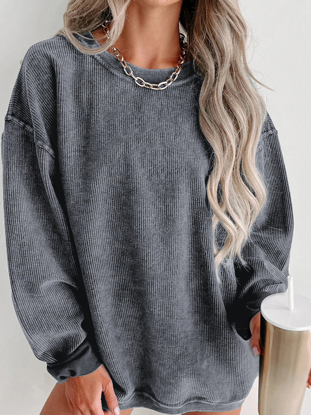 Amazon Fashion New Women's Loose Round Neck Sweat Fashionable Casual All-match Old Solid Color Long Sleeve Top