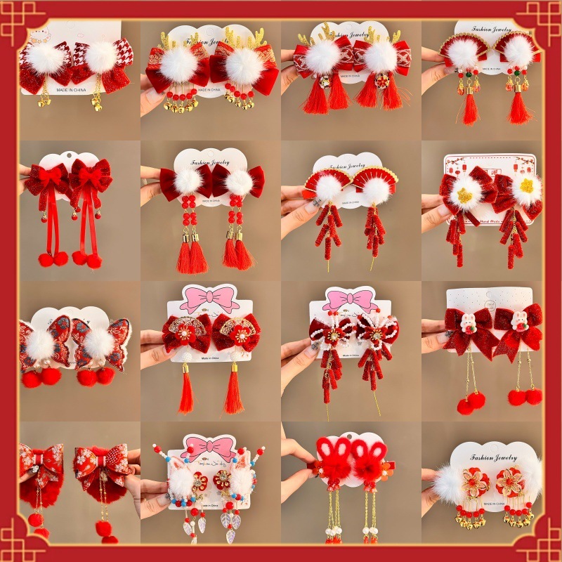 2026 New Model Year of the Horse Hair Clips for Children, Cute Bowknot Tassel Hairpins, Bun Hairball Hair Clips, Wholesale Hair Accessories