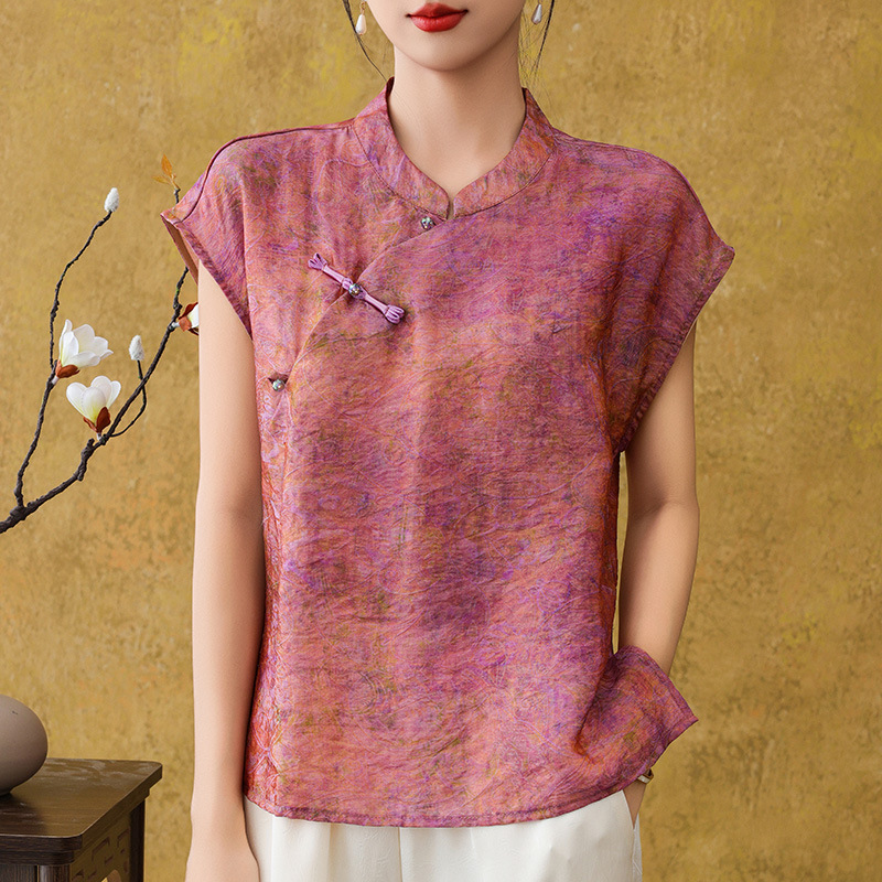 Summer New Chinese-Style Retro Gradient Print Short-Sleeve Shirt for Women, National Style with Buttoned Collar, Thin Casual Blouse