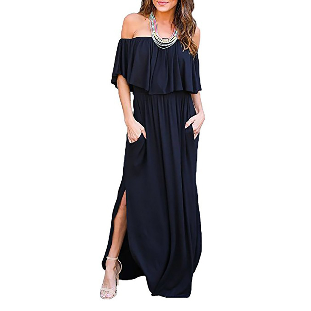 2026 Spring/Summer European and American Style Aliexpress and Ebay Hot-Selling Ruffled Off-Shoulder Long Dress with Pockets, Mid-Length Dress