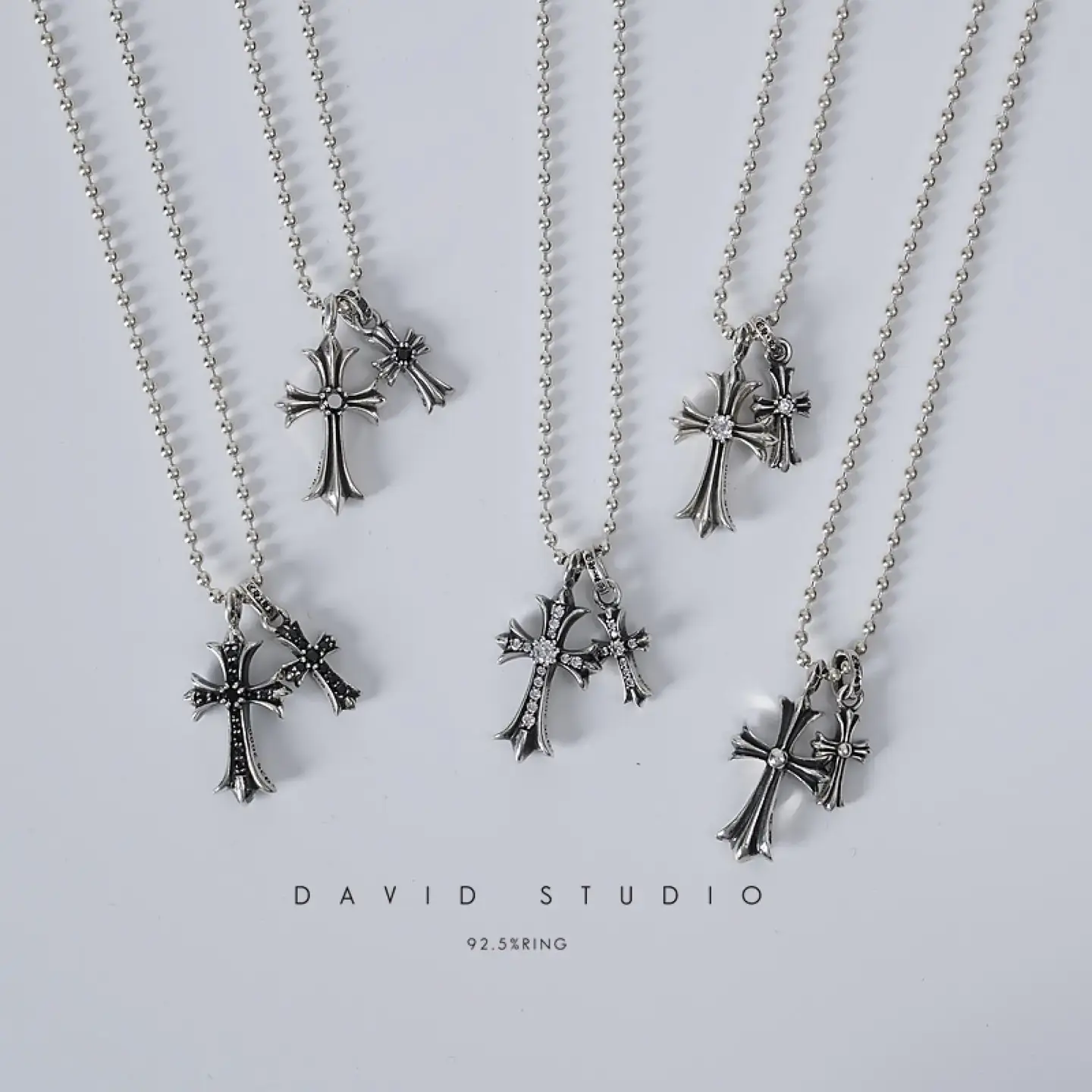 David Studio925 Sterling Silver Cross Quan Zhilong Round Bead Diamond Necklace Men and Women Couple Necklace