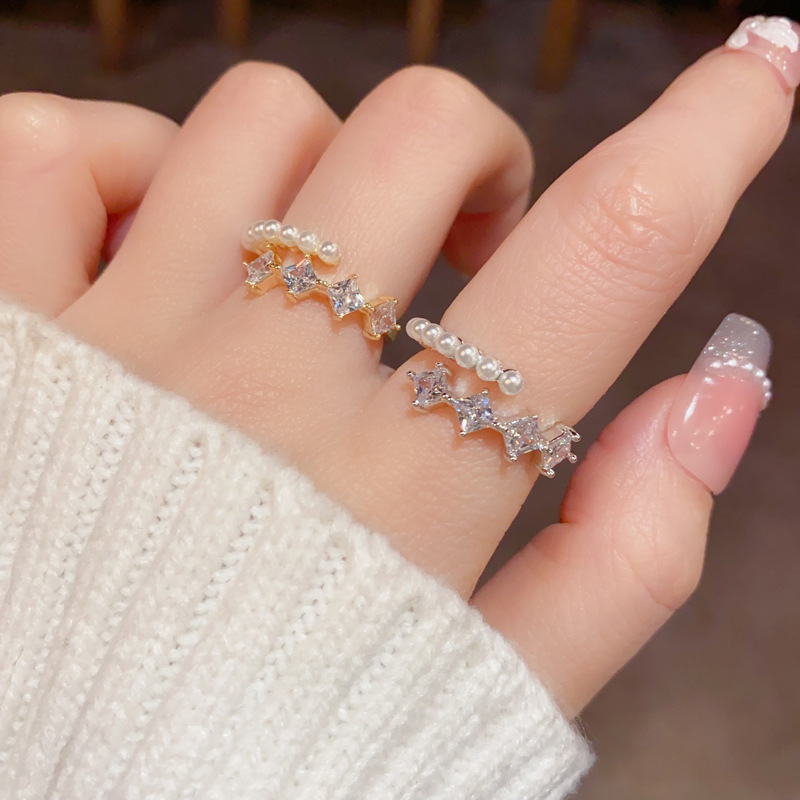 Micro-inlaid star pearl opening ring women's high-end sense of personality adjustable diet finger ring simple niche jewelry wholesale