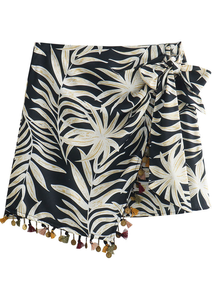 Women's Zatrax2024 Fashion Vintage Print Bead Tassel Skirt High Waist Slimming Wrap Style Lace-Up Skirt