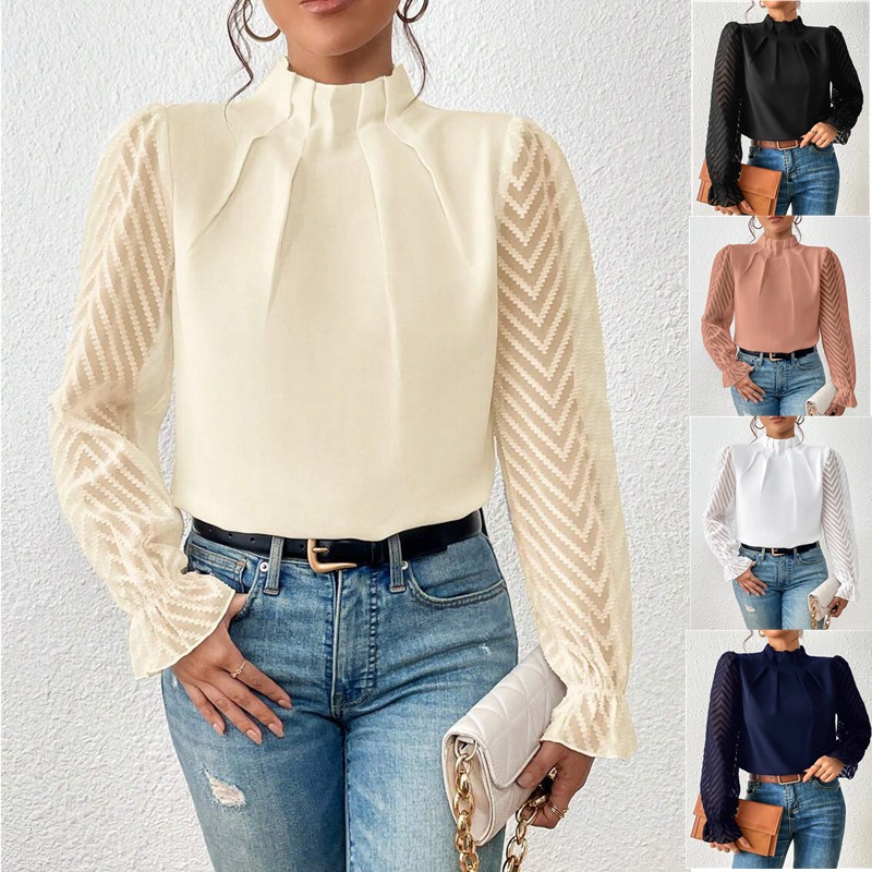 2026 European and American Amazon Cross-Border Women's Clothing Autumn and Winter New Style Half-High Collar Spliced Wavy Chiffon Long-Sleeved Top