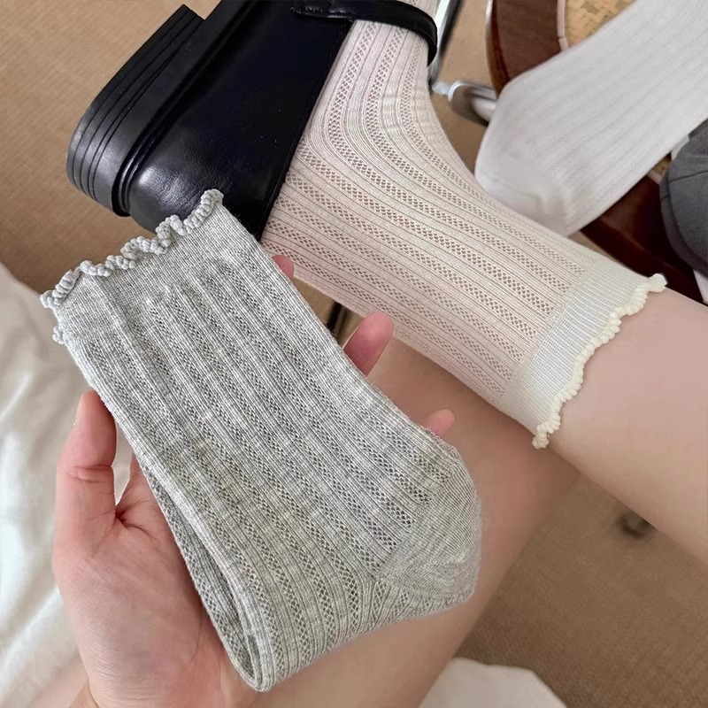 Ruffled Solid Color Hollow Mesh Socks for Women Mid-Calf Socks Ins Trendy Summer Thin Ballet Style Breathable Long Socks for Women