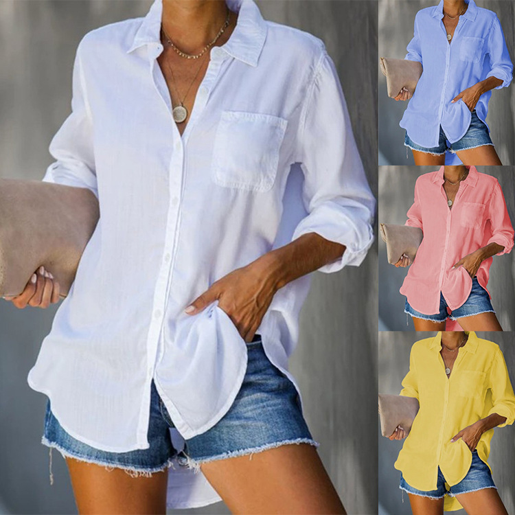 Cross-Border European and American Amazon Aliexpress New Women's Shirts Solid Color Large Size Casual Loose Buttoned Shirts for Women