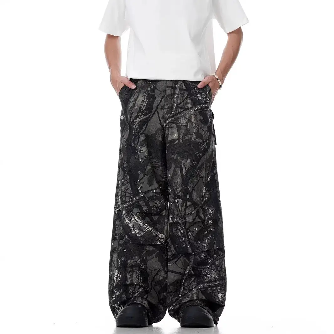 Retro Spring New Arrival Branch Camouflage Pants for Men and Women Trendy Vibe Style Folded Personalized Street Fried Pants Handsome Straight Tooling Pants