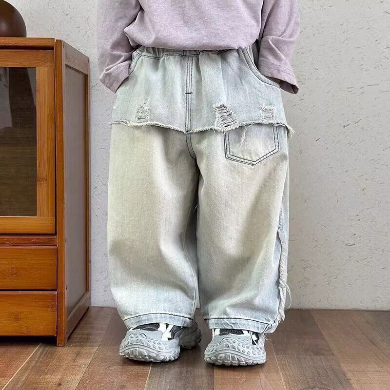 Spring and Autumn Boys' and Girls' Jeans, Stylish Children's Trendy Korean-Style Raw Hem Ripped Wide-Leg Pants