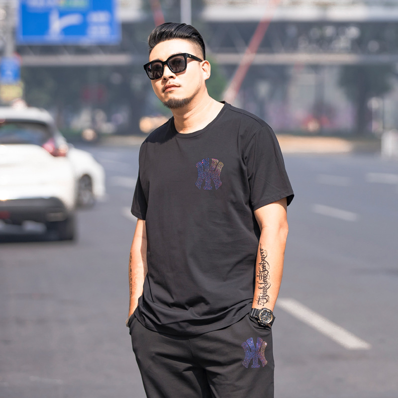 Trendy Brand Large Size Men's Summer T-shirt Loose Half Sleeve Fashionable Personalized Hot Drilling Plus Fatty Trendy Short Sleeve T-shirt for Men
