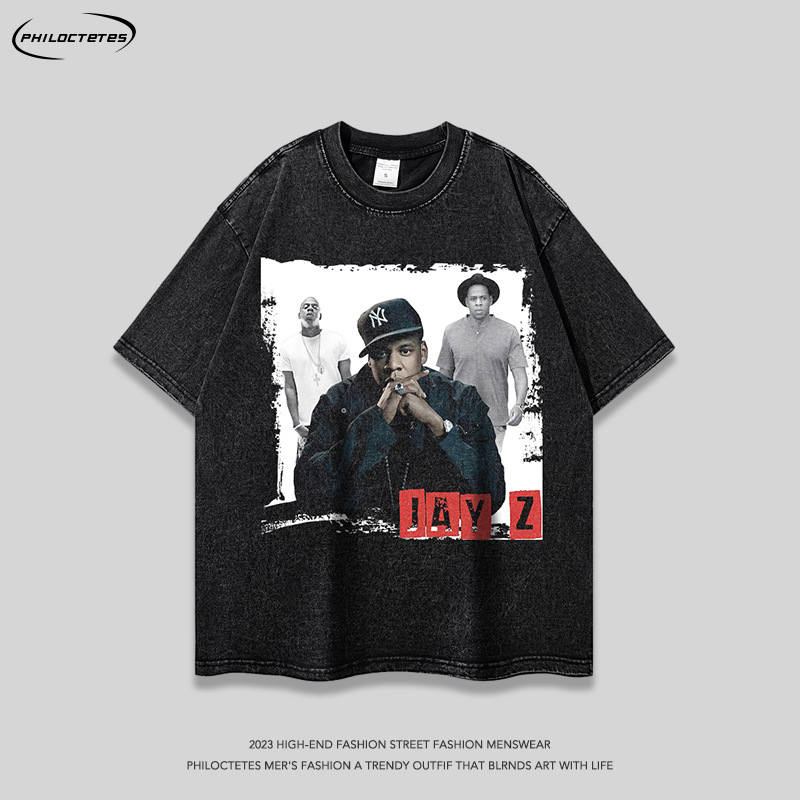 vintage Retro rapper portrait printed short-sleeved T-shirt European and American hip hop washed round neck top fashion brand