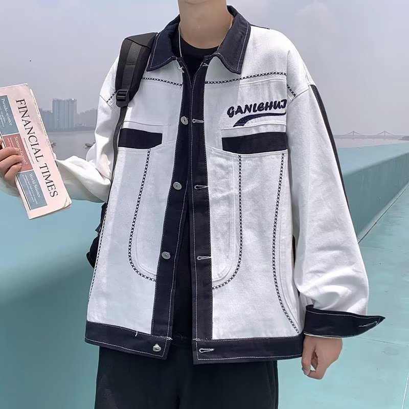 Hong Kong-style Stitching Denim Jacket Men's 2022 Autumn Loose Casual Trendy Brand Top Teenager Duffy Handsome Work Jacket