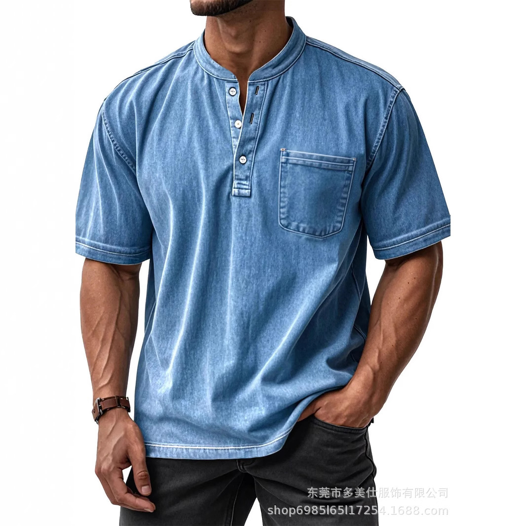 2026 New Cross-Border Amazon Independent Site Men's Casual Versatile Short-Sleeve Button-Down Round-Neck Shirt Polo Shirt for Men