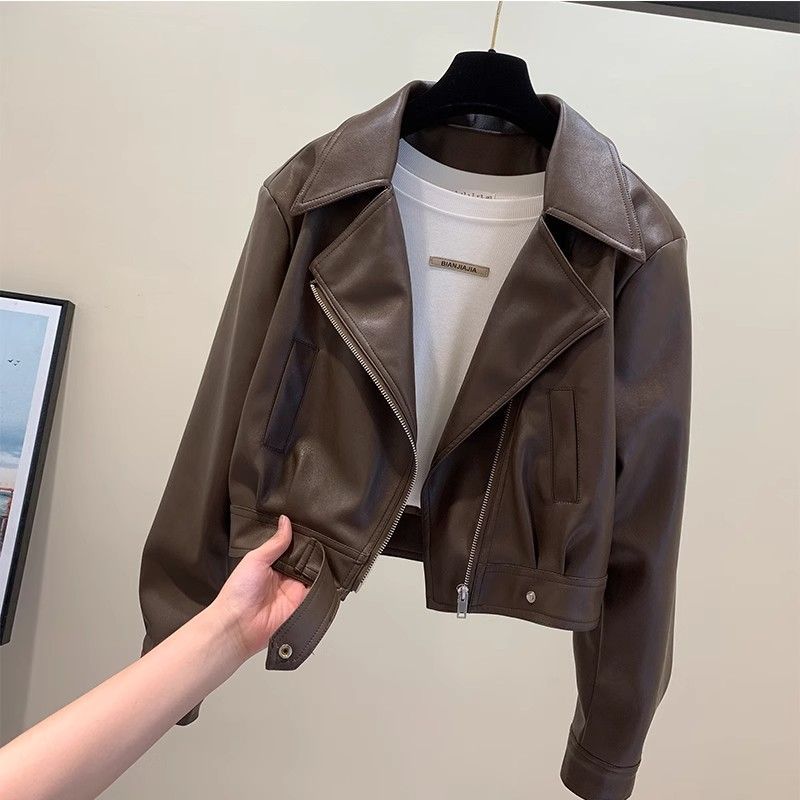 Short Leather Jacket Women's Spring and Autumn Fashion Slim Leather Jacket Elegant Lapel Small PU Leather Slim All-match Jacket