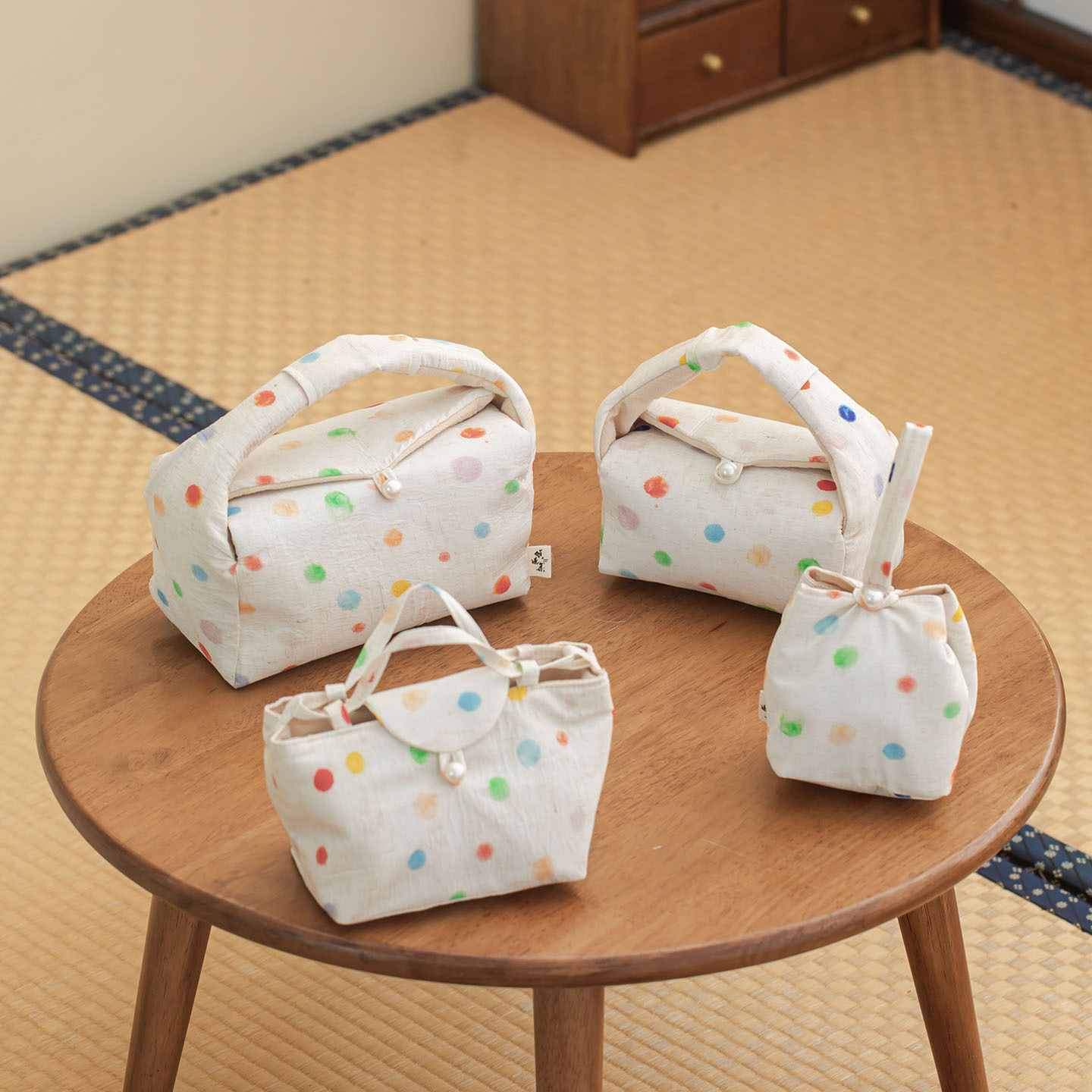 Brocade Color Dot Portable Travel Storage Bag, Nostalgic Tea Cup and Tea Set Holder, Thickened Chinese-Style Storage Bag Cloth Pouch