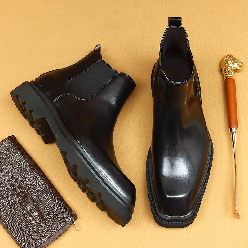 [vip for] winter chelsea men's boots leather square short tube high-top thick-soled business casual leather boots