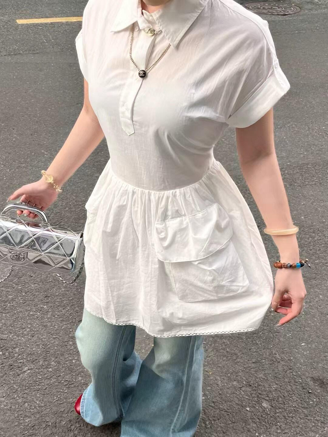 Miu26 Summer New Poplin Texture Dress Shirt Collar Short Sleeve White Dress Waist-Cinching Slimming Pocket Workwear Dress