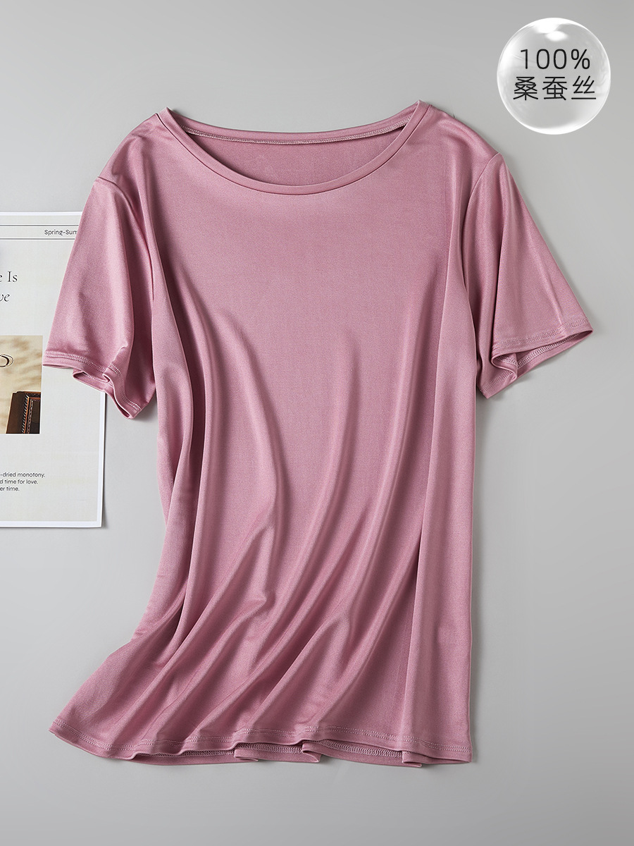 Export high quality 100% mulberry silk women's plus size T-shirt heavy silk loose breathable simple short sleeve top