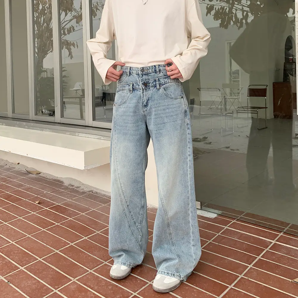 2024 American Style Retro Distinctive Double Waist Washed Jeans Men's Loose All-match High Street Casual Trousers