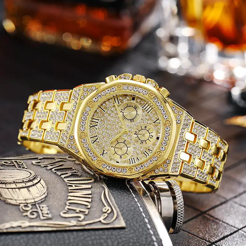 2025 New arrival Export Hot Selling Same Style Watch Full Diamond Steel Strap Quartz Rhinestone Dial Men Fashion Watch