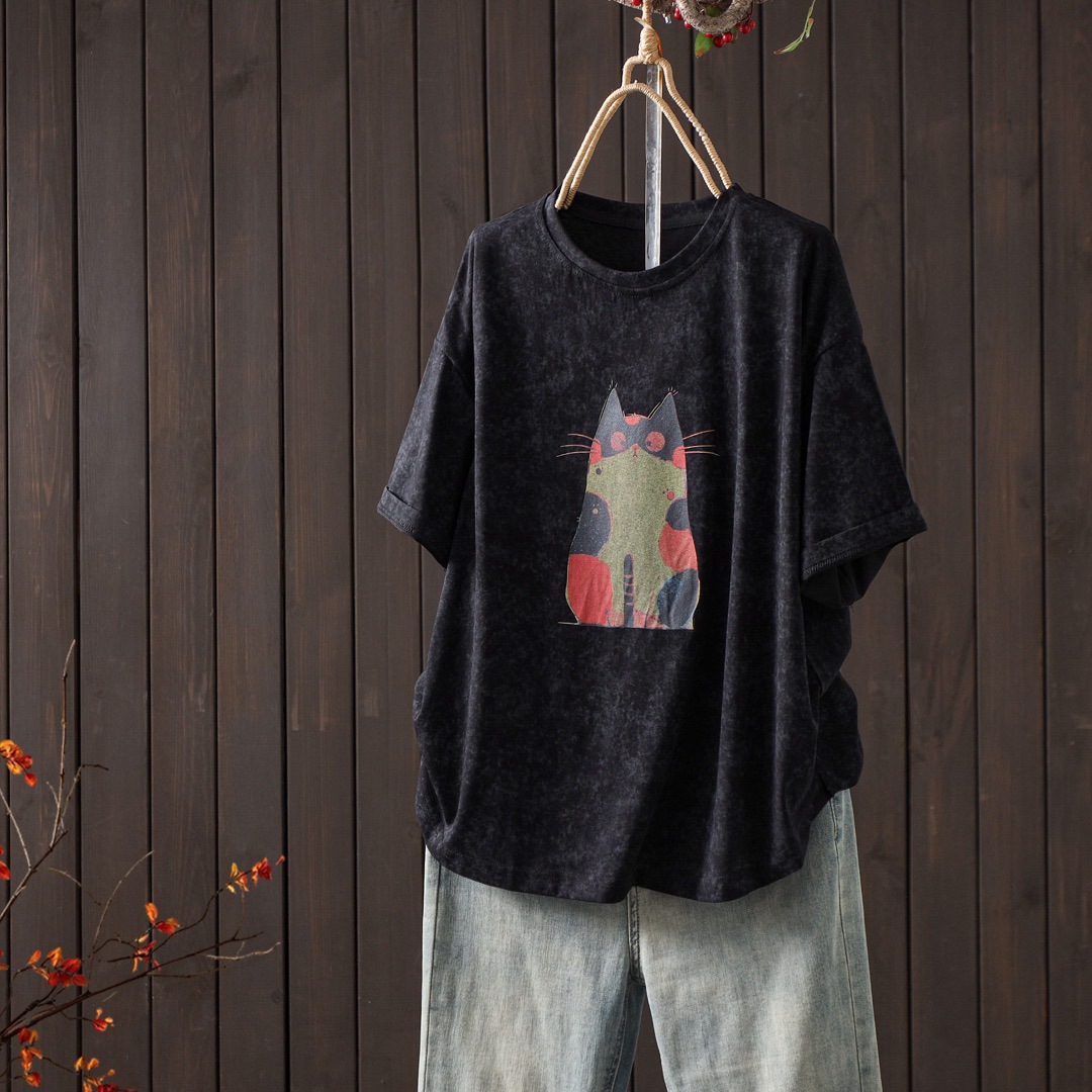Trendy Casual Short-Sleeve Women's T-Shirt 2026 Summer New Cartoon Cat Print Loose Fit Age-Reducing Top