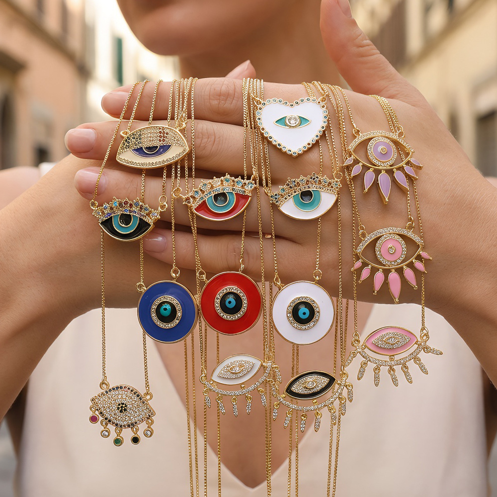 Europe and the United States INS wind high sense eyes clavicle chain copper micro set zircon color oil devil's eye pendant necklace