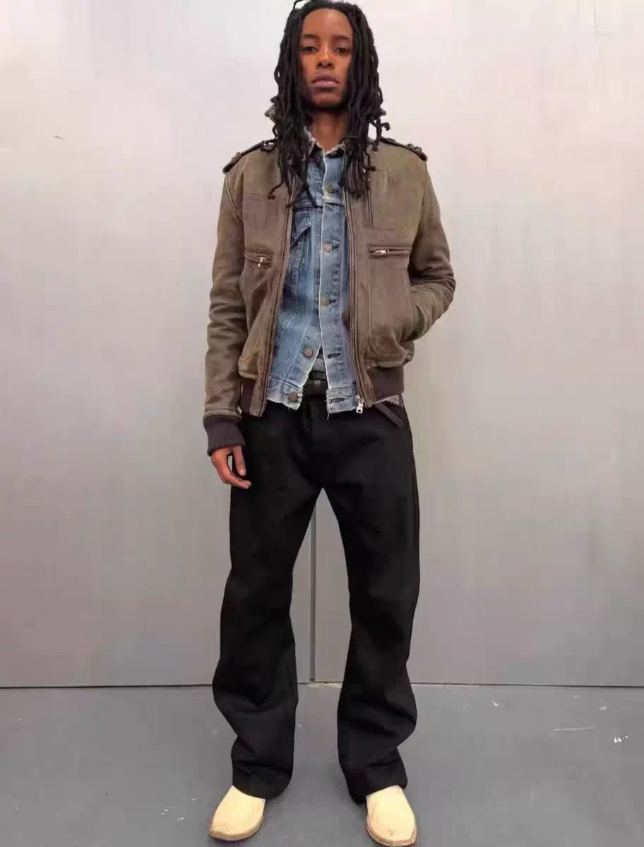 No faith studios straight tube micro flared pure black original cowhide boots, Japanese red border red ear original cowhide jeans