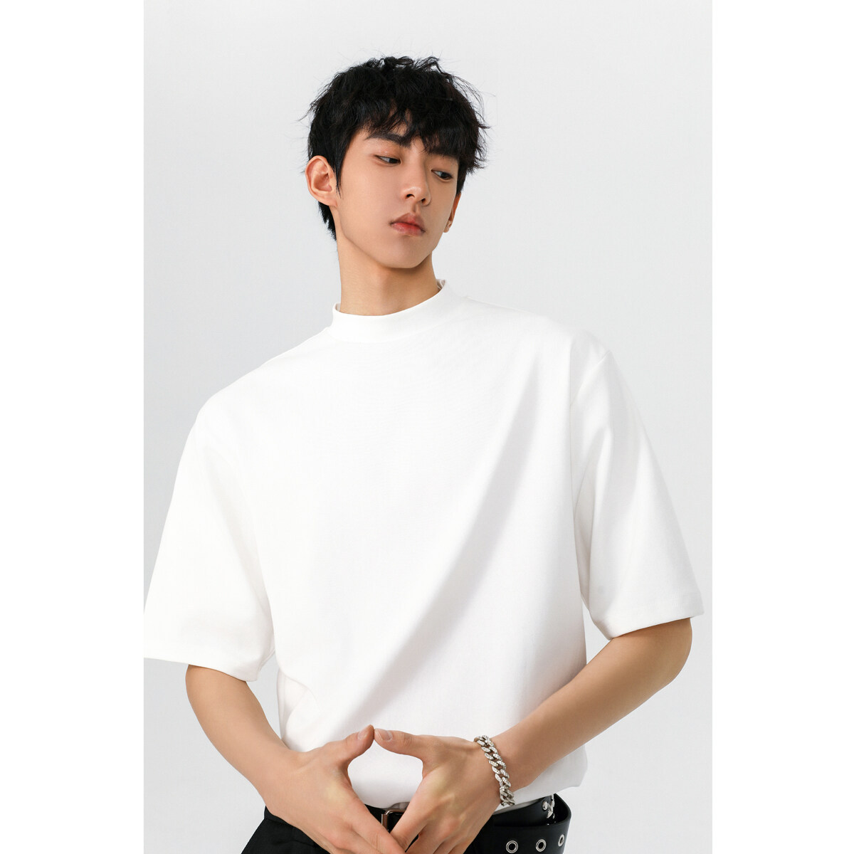 Black Half-turtleneck Short-sleeved T-shirt Men's Summer cleanfit American-style Heavy-weight Loose Half-sleeved T-shirt