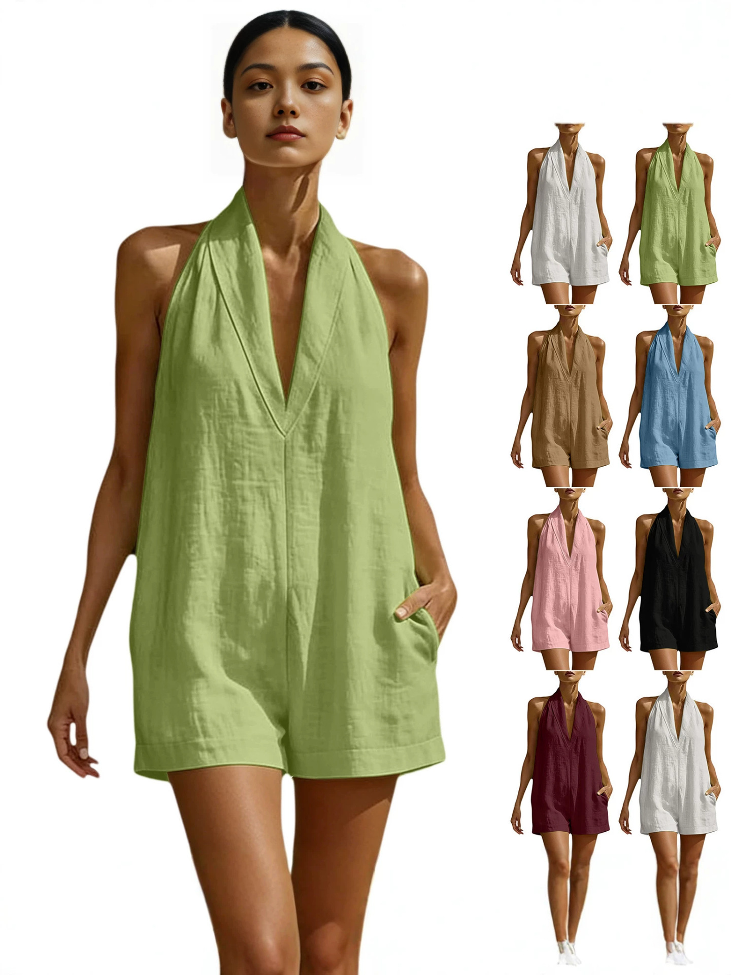 2026 Spring and Summer Cross-Border European and American Amazon Foreign Trade New Casual Resort Style Halter V-Neck Jumpsuit for Women