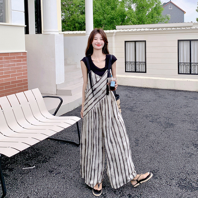 Fashion Striped Wide-Leg Overalls for Women, Thin Pantskirt, 2026 Summer New Style, V-Neck Ink Wash Pattern Suspender Jumpsuit