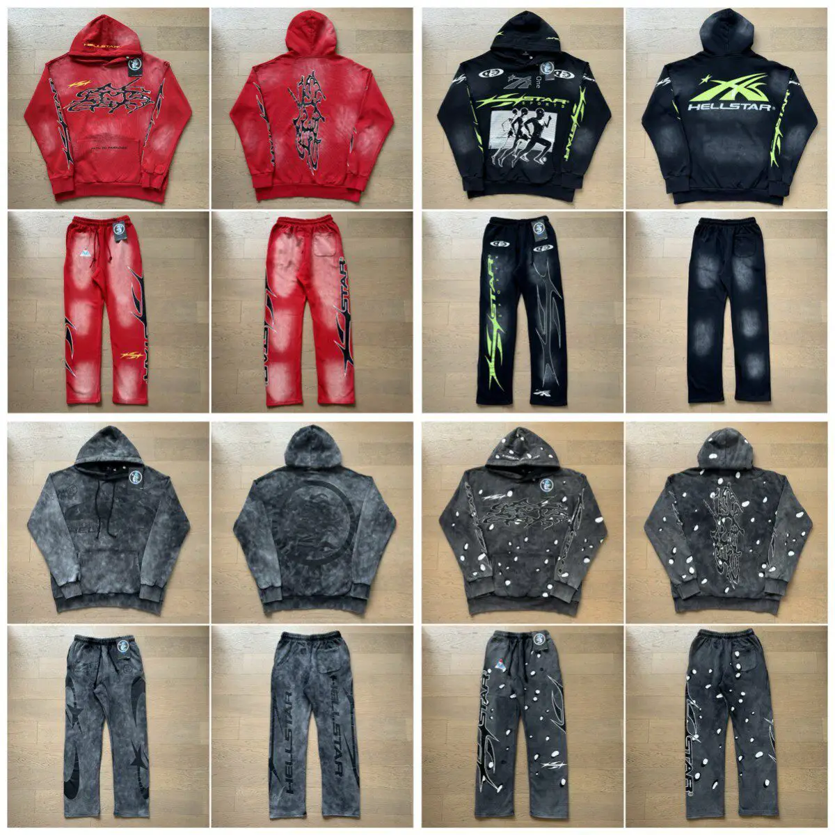 Cross border beauty trend in the same hellish star retro printed high street fashion casual hooded sweatshirt pants set