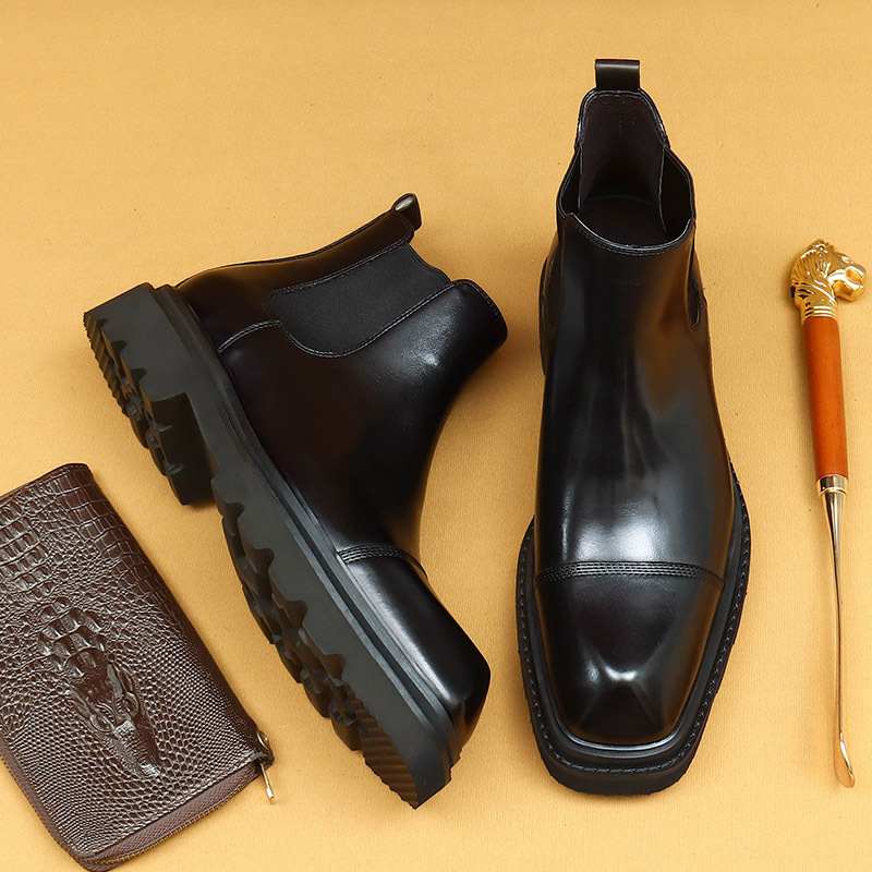 [Activity] Winter Chelsea Boots Men's Short Boots Middle Helping British Leather Square Head Thick Bottom Increased Cowhide Boots
