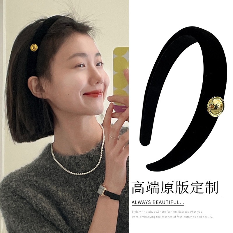 Fever Same Style Black Gold Label Velvet Headband for Women, Retro Hong Kong Style Versatile Hairpin Hair Tie Headband Hair Accessory