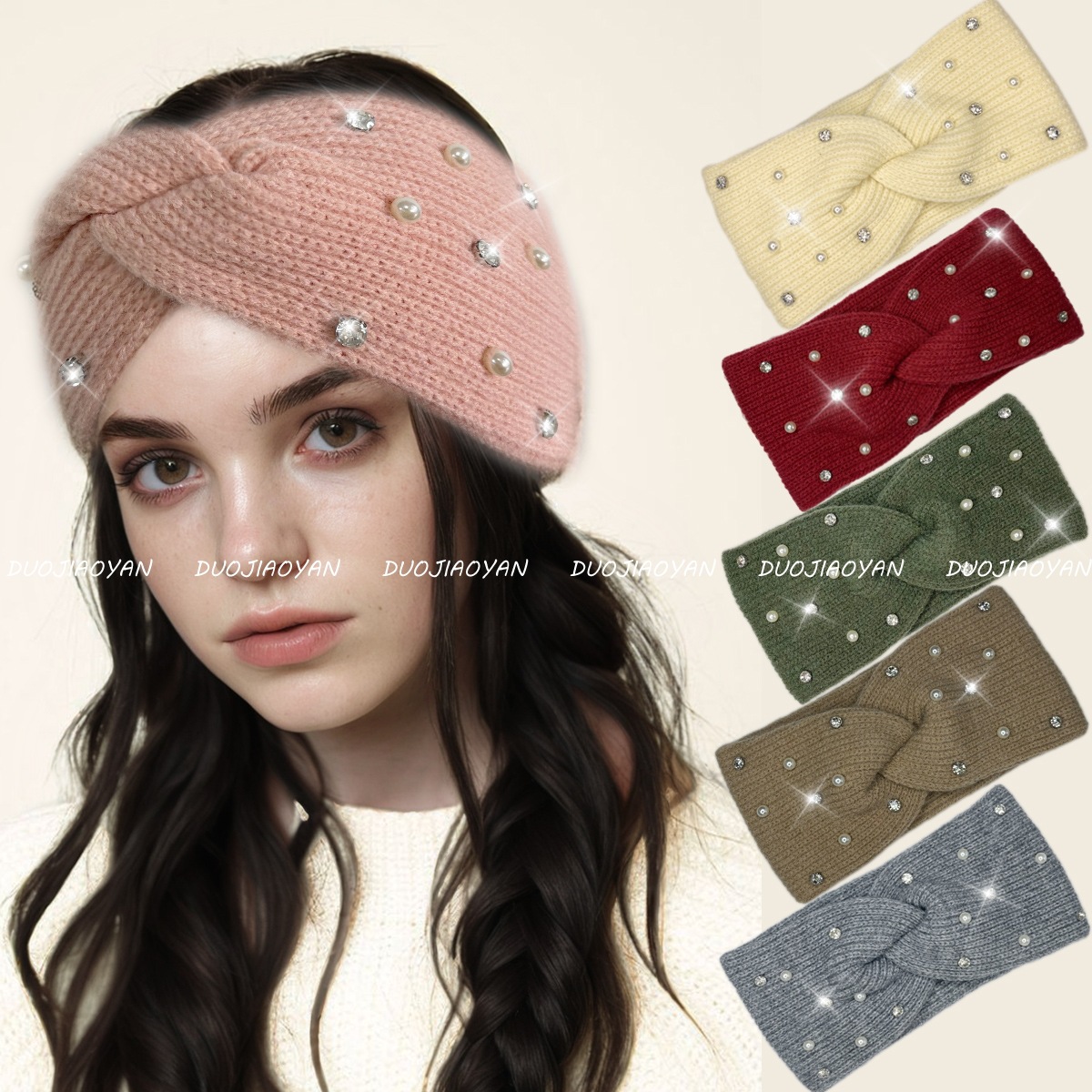 Cross-Border Autumn and Winter Fashion Pearl Wool Headband Warm Knitted Cross Headscarf Wide-Brimmed Elastic Cold-Proof Headwear in Stock