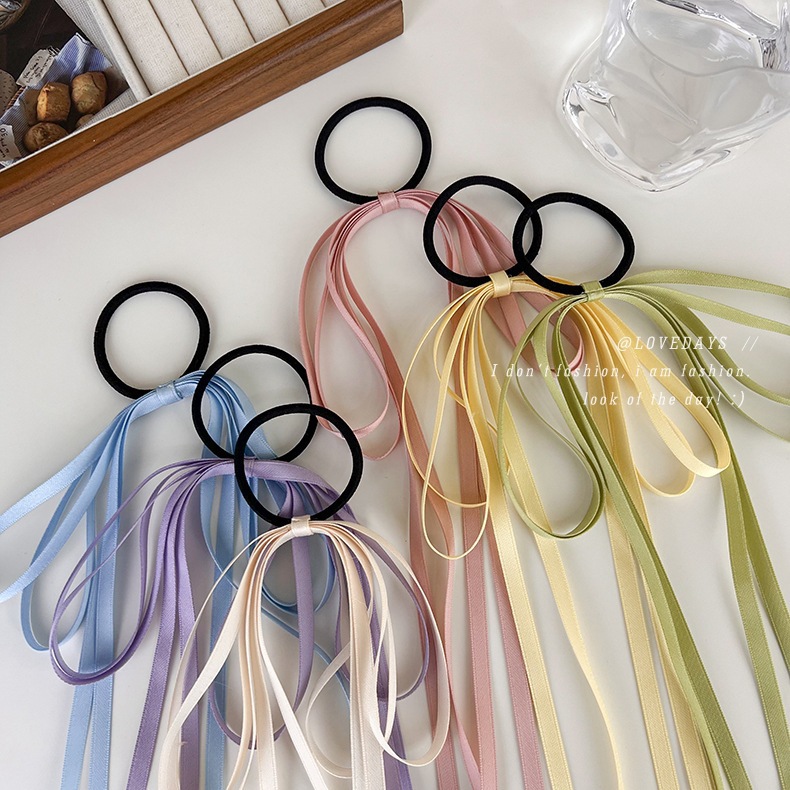 Simple Colorful Bow Headwear Hair Band Women's Tie Hair Long Ribbon Pony Tail Head Rope Fairy Mori Tassel Hair Circle