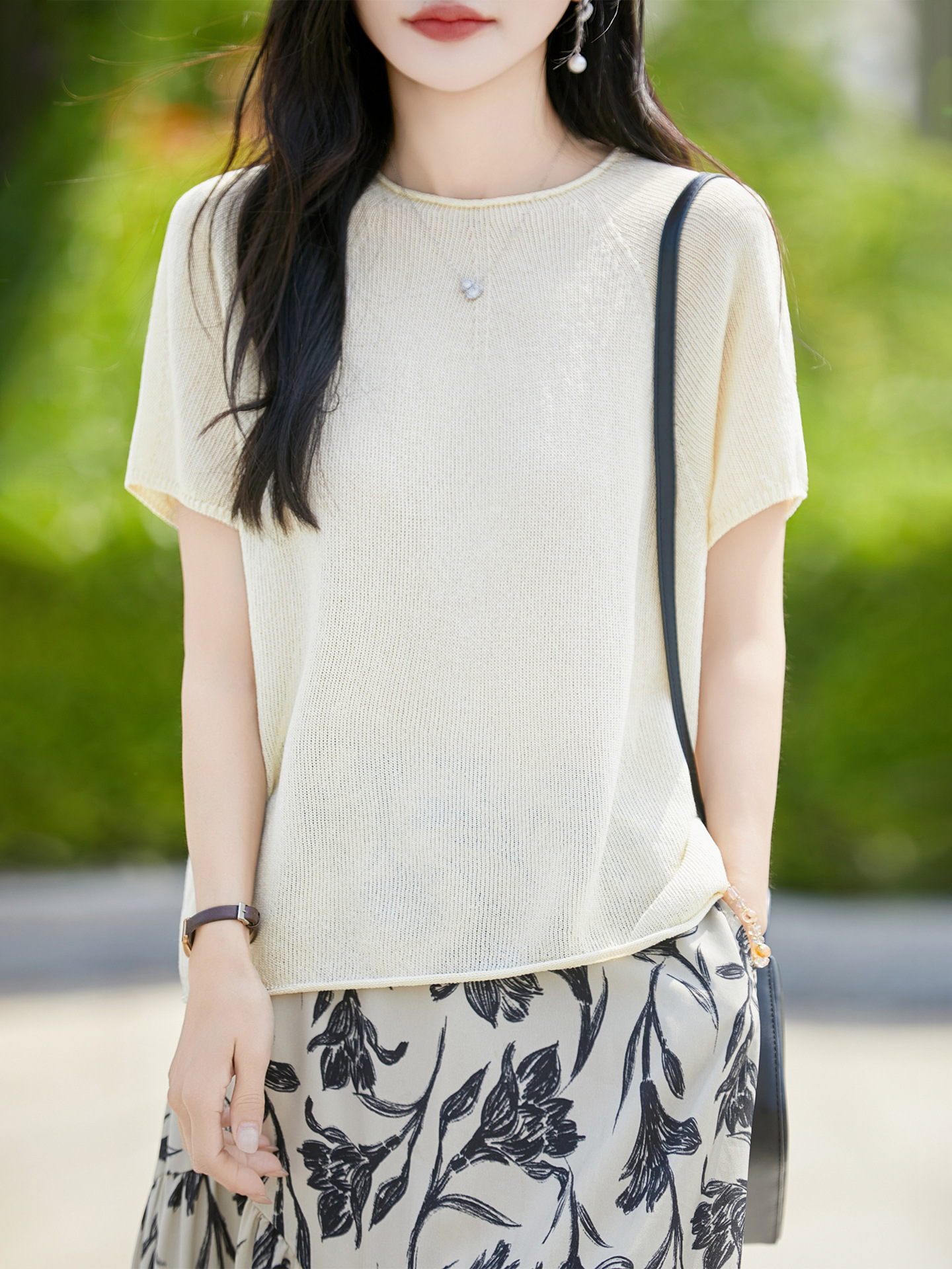 Summer Pearl Linen Short-Sleeve Women's Rolled-Edge Round Neck Raglan Sleeve Textured Slim-Fit Gentle Style Knit Top